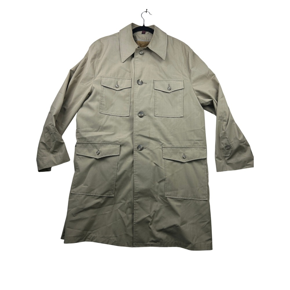 Vintage Koratron Trench Field Coat 42R Tan Faux Fur Lined 60s 70s Utility